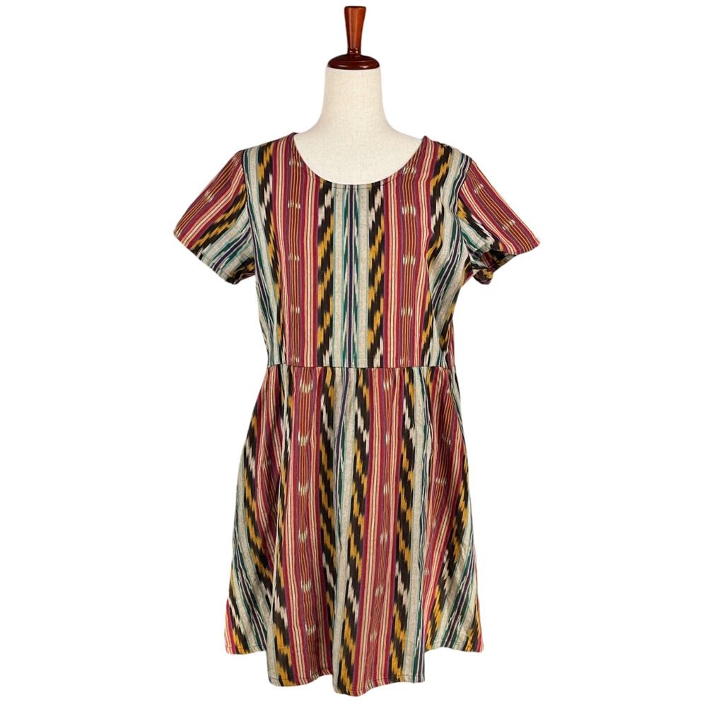 MATA TRADERS Serenade Red Ikat Cotton Woven Babydoll SS Dress Pockets Size L